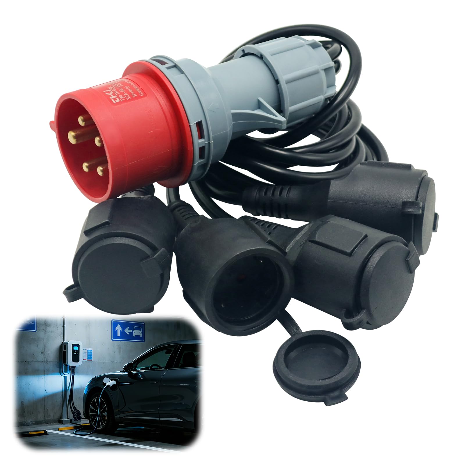 Adattatore di Alimentazione Industriale CEE 5P-32A/16A IP44 con 4 Uscite - Per Veicoli Elettrici, Camper, Cantieri e Uso Domestico - Materiali Antigurto e Resistente ai Raggi UV