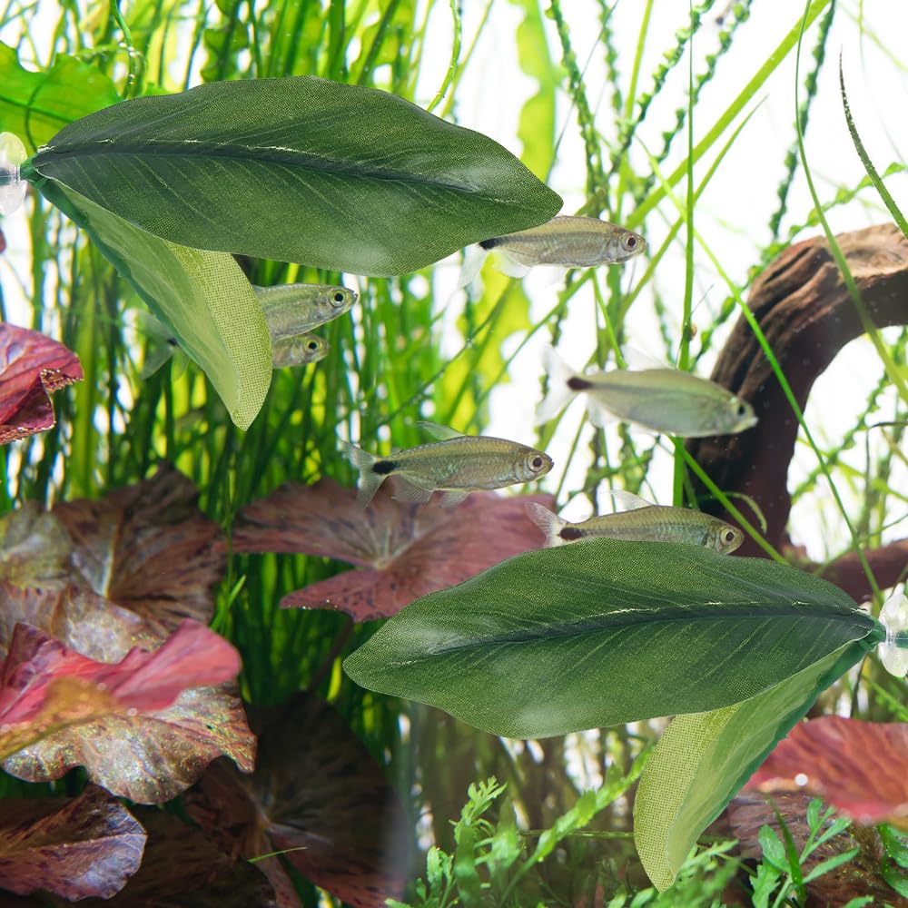MiOYOOW Feuille Lit Betta, Coussin Feuilles Plantes d'aquarium avec Ventouse Décorations Feuilles Plantes d'aquarium pour Simuler l'habitat de Repos des Poissons