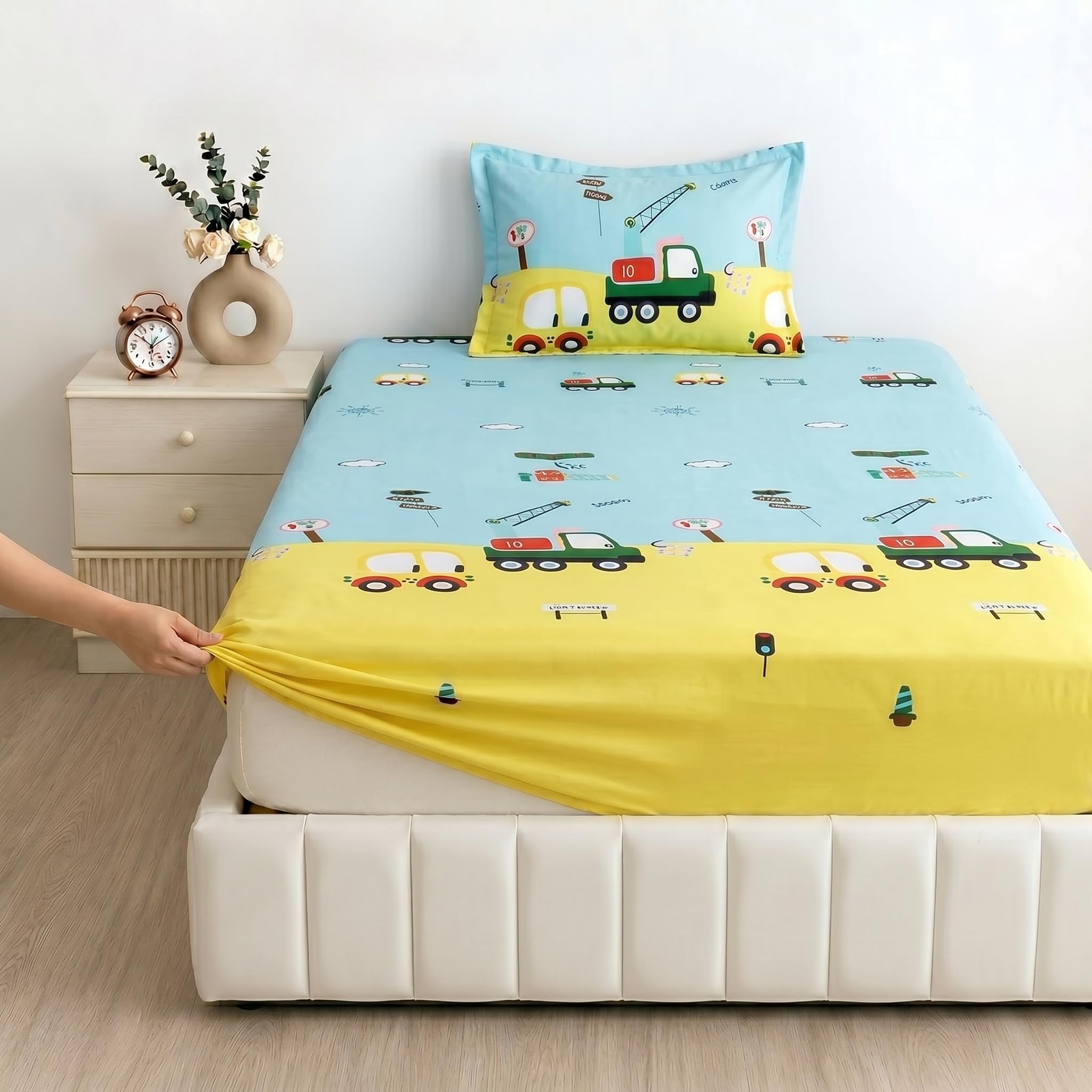 Kids Car Elastic Fitted Bedsheet for Single Bed (72x36 inches), Pure Microfiber, 1 Bedsheet & 1 Pillow Covers, Fits Up to 6 inches. Available in Small Size.Lemon and Sky-image-14