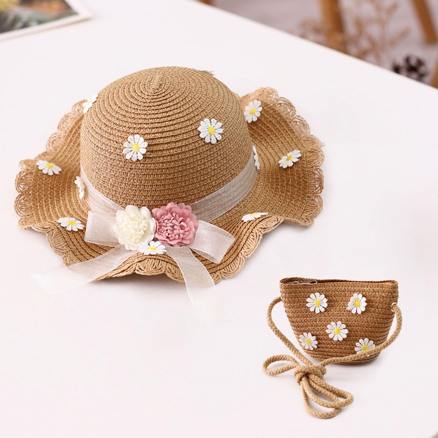 Chapeaux De Paille Filles, Chapeau avec Sac, Chapeau De Soleil en Paille pour Enfants, Rose, Kaki, Papyrus