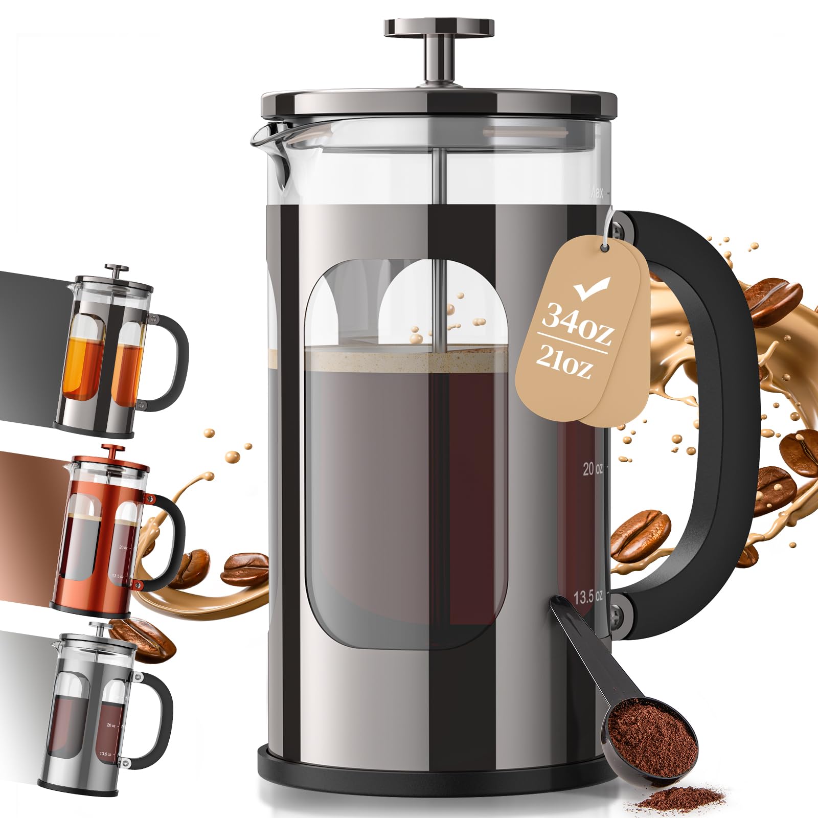 Photo 1 of Veken French Press Coffee Maker 34oz, No Plastic Touching Cafe,Thickened Glass Stainless Steel Brewer, Cold Brew Cafetera Tea pot for Kitchen Travel Camping, Gifts, Decor, Bar Accessories, Dark Pewter