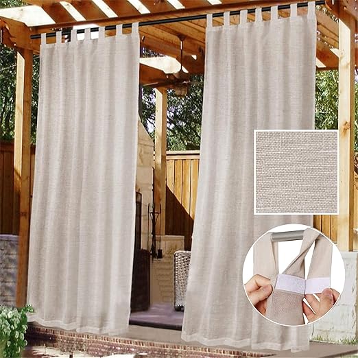 Outdoor Patio Curtain Semi Sheer, Linen Drapes Detachable Sticky Tab