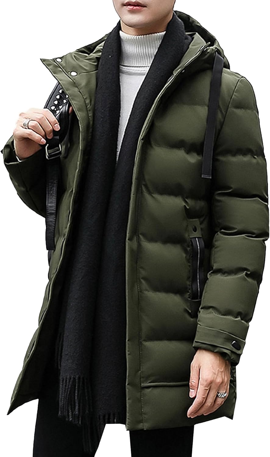 Men's Long Winter Coat Full Zipper Padded Windproof Parka Outwear Warm Quilted Skinny Hooded Jacket