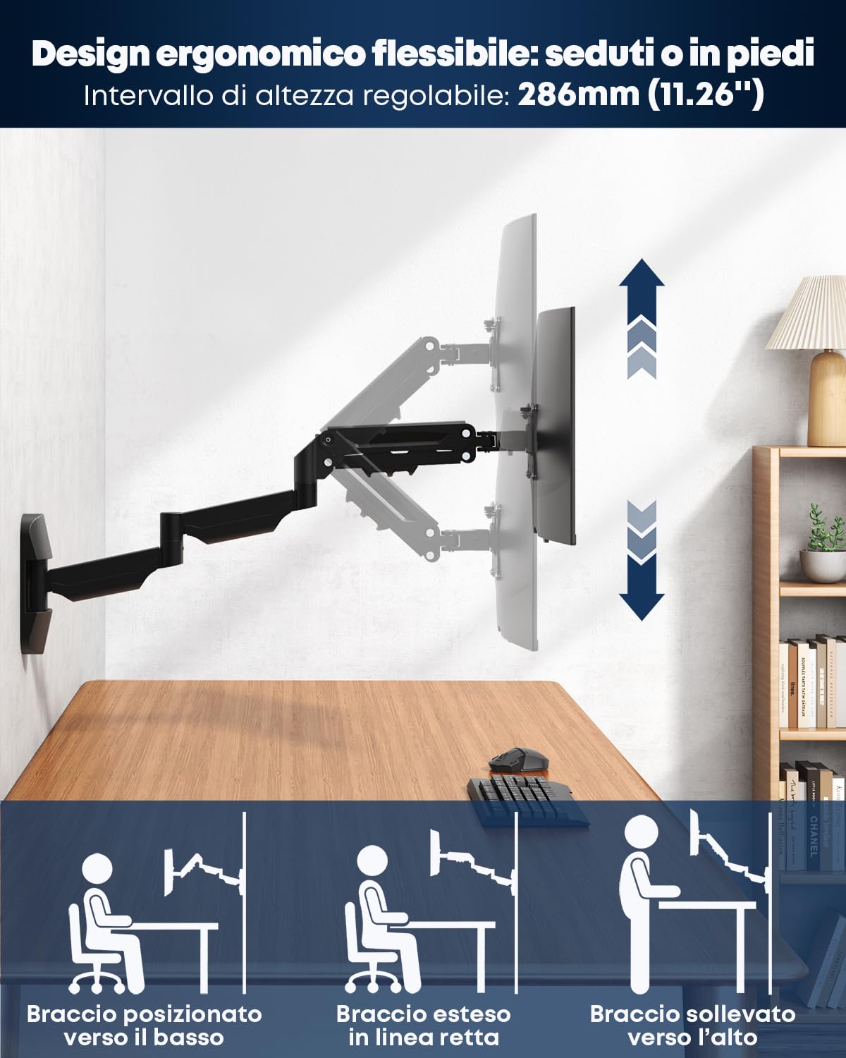Supporto a muro per monitor con molla a gas 17–32" – Braccio extra lungo 76,9 cm, orientabile e regolabile in altezza, VESA 75/100, fino a 9 kg