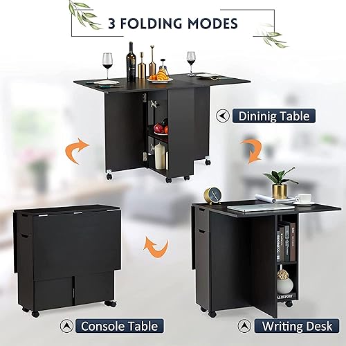Miniatura 3 de JOMEED Mesa de comedor plegable con 6 ruedas cajón y estante de almacenamiento de 2 capas mesa de hojas caídas para una pequeña mesa de comedor que