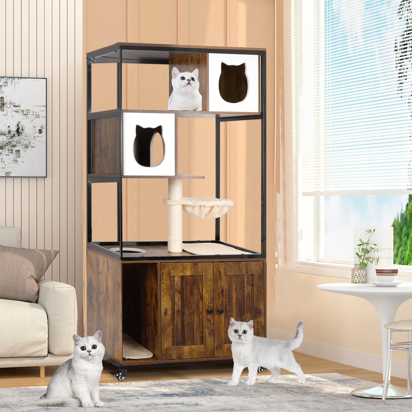 Cat Litter Box Enclosure Wooden Cat Washroom Furniture Hidden on Wheels with Multiple Platforms, Storage Shelves, Pet Indoor Cat House Cabinet with Condo Hammock Scratching Mat,Rustic Brown