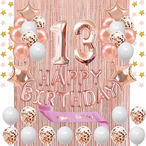 partyshop - Decoraciones de cumpleaños número 13, pancarta y banda de cumpleaños de color oro rosa con globos del número 13, globos de látex de