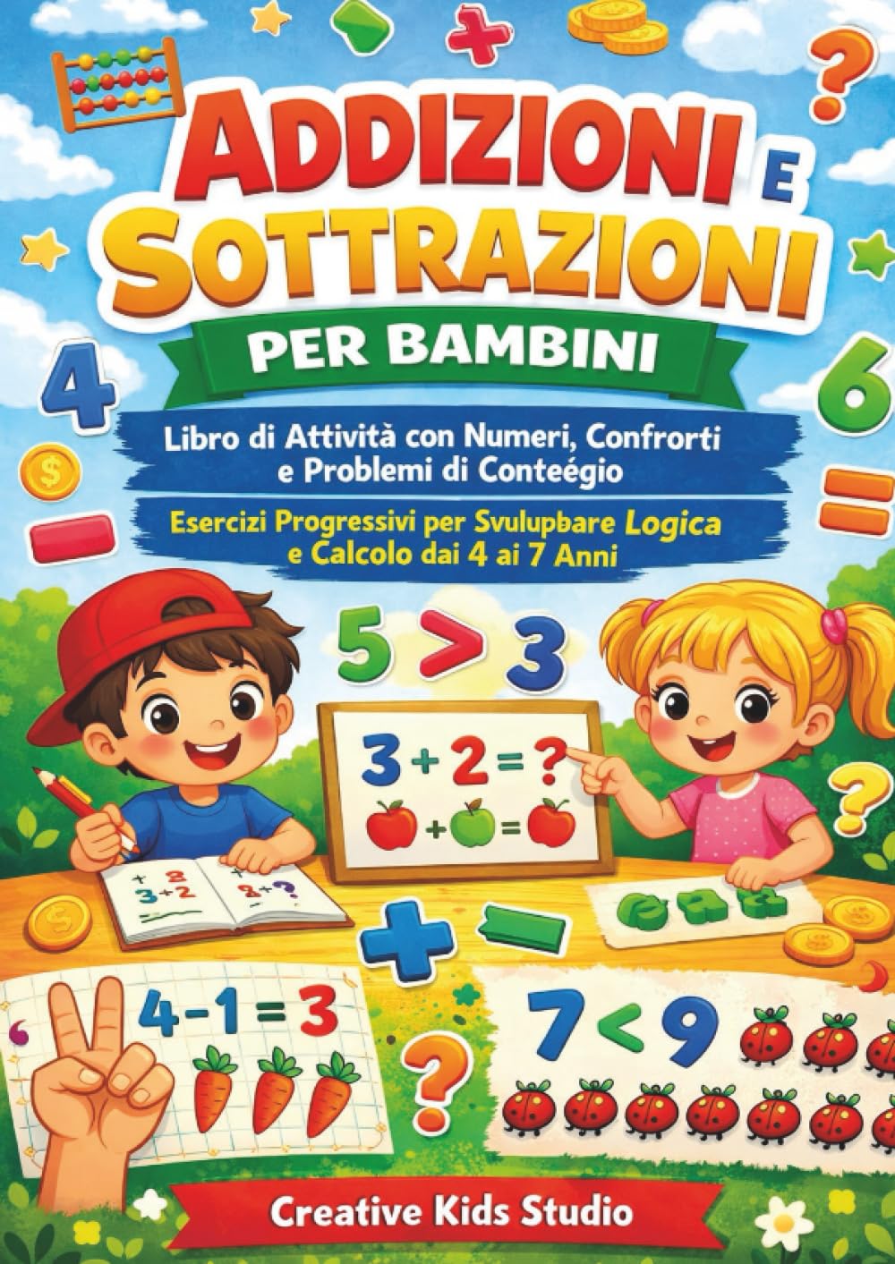 Addizioni e Sottrazioni per Bambini; Libro di Attività con Numeri, Confronti e Problemi di Conteggio Esercizi Progressivi per Sviluppare Logica e Calcolo dai 4 ai 7 Anni