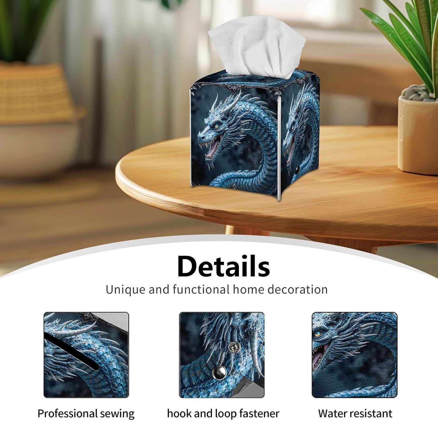 Tissue Box Cover, Square PU Leather Tissue Box Cover, Decorative Kleenex Box Cover Holder for Bathroom, Vanity, Office Desk, Nightstand & Home Decor, 5×5.5 Inch, Blue Dragon image 3