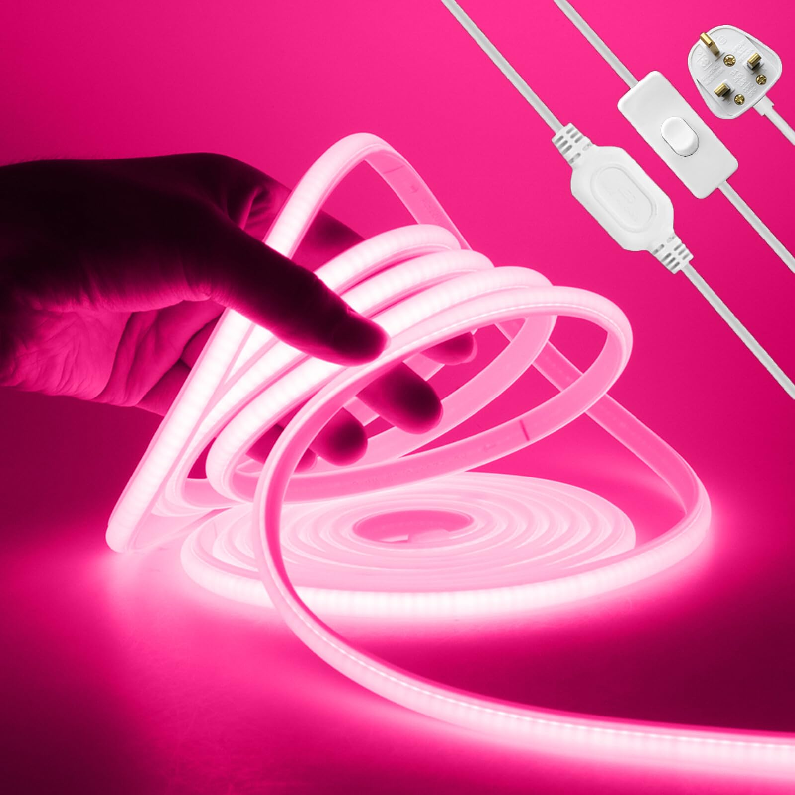 KAFULA 220V COB LED Neon Strip with On/Off Design [1M，Pink], IP65 Waterproof Flexible, 288 LEDs/m FCOB LED Strip CRI85+, Cuttable Every 50cm, Home/Store Decorative Lighting — image 1