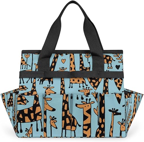 Cartoon Giraffe Garden Tool Tote Bag for Women Men Gardening Tool Storage Bags with 10 Pockets Standable Garden Home Tool Kits Organizer for Indoor