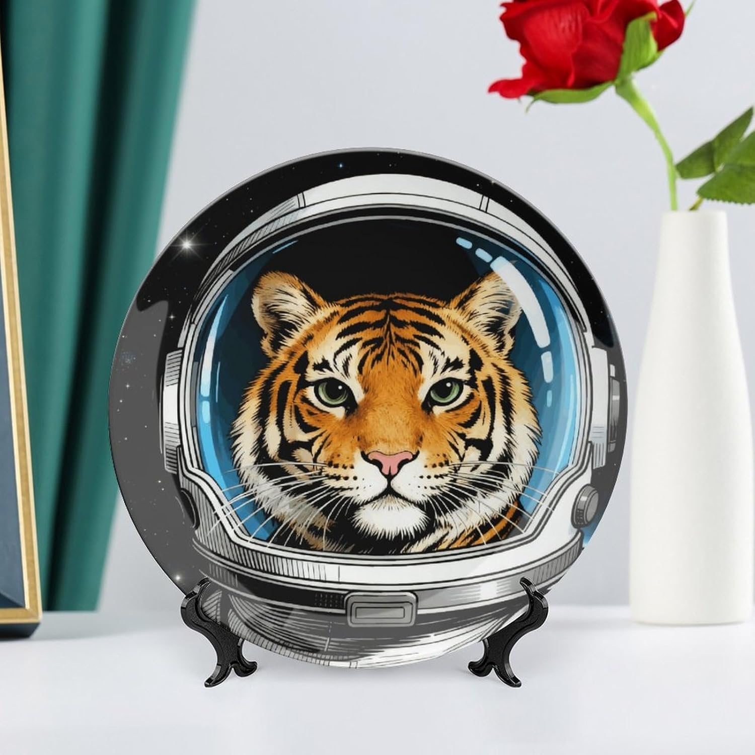 Space Astronaut Tiger Ceramic Decorative Plate 10inch Bone China Wall Hanging Ornament Plates Bohemian Style Dinner Plate with Stand Cabinet Display Plates for Home Art Decor