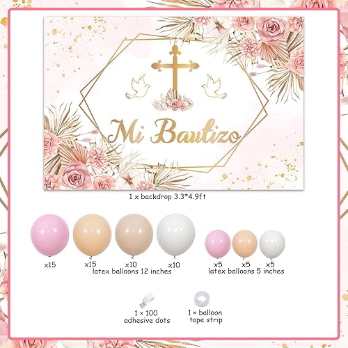 Miniatura 5 de Decoraciones de fiesta de bautismo boho para niñas, kit de arco de guirnalda de globos boho con fondo Mi Bautizo, fondo de paloma de la paz y cruz
