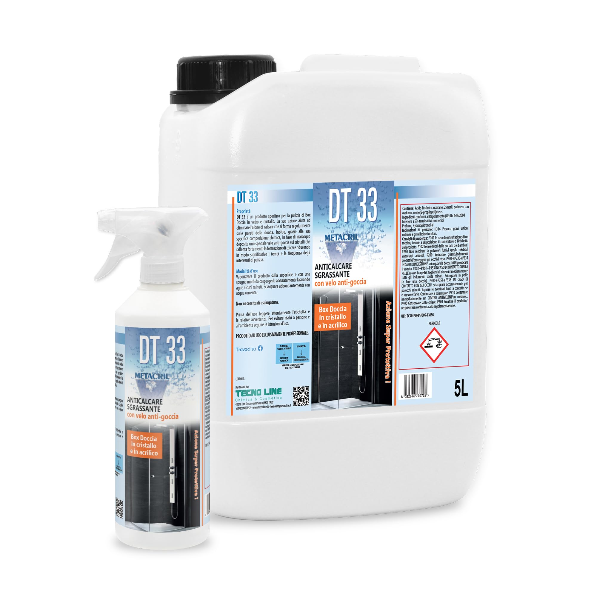 DT33, Detergente e Disincrostante Anti goccia per box doccia e pareti in cristallo + Flacone vaporizzatore per la ricarica - 5 LT