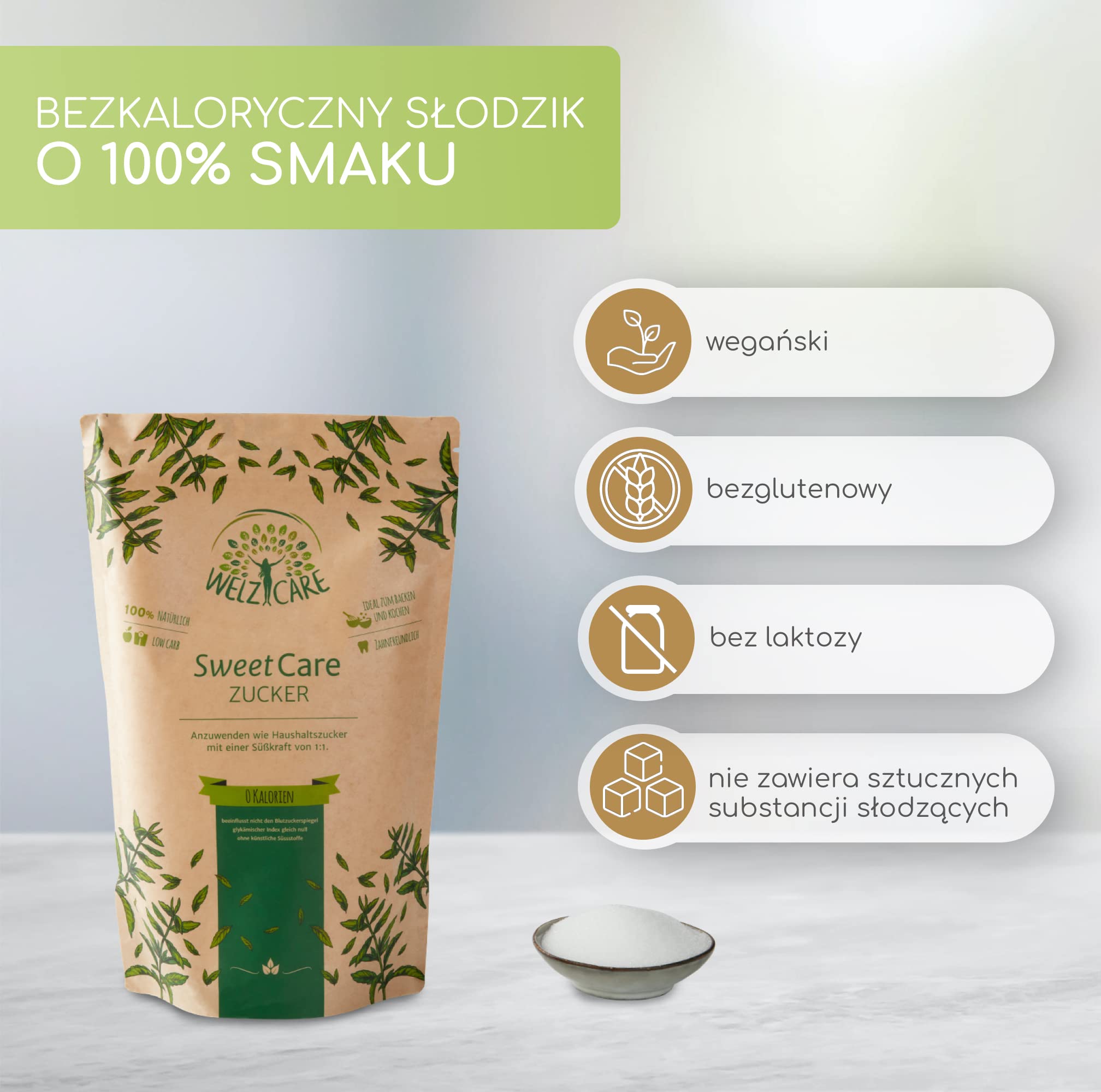 SweetCare PREMIUM zamiast cukru kryształowego - 3 x 1 kg - zamiennik cukru - 100% wegański - bez kalorii - niskowęglowodanowy - z erytrytolem i stewią - Made in Germany
