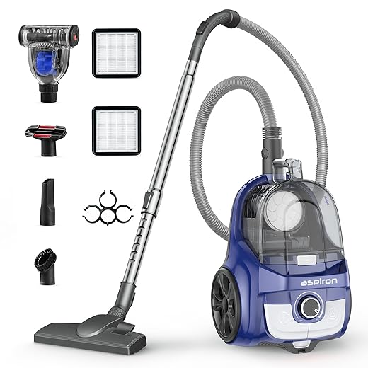 Aspiron Canister Vacuum, Upgraded 1600W Bagless Canister Vacuum Cleaner, Auto Cord Rewind, H13 HEPA Filter, 4Qt Large Capacity, 5 Tools for Hard Floors, Carpet, Pet, Upholstery, Tiles, Indigo