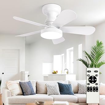 Depuley Small Ceiling Fan with Lights 28-Inch Flush Mount Fan with Light and Remote - White Low Profile Ceiling Fans Reversible Quiet DC Motor for Bedroom Living Room Indoor Outdoor [Energy Class F]