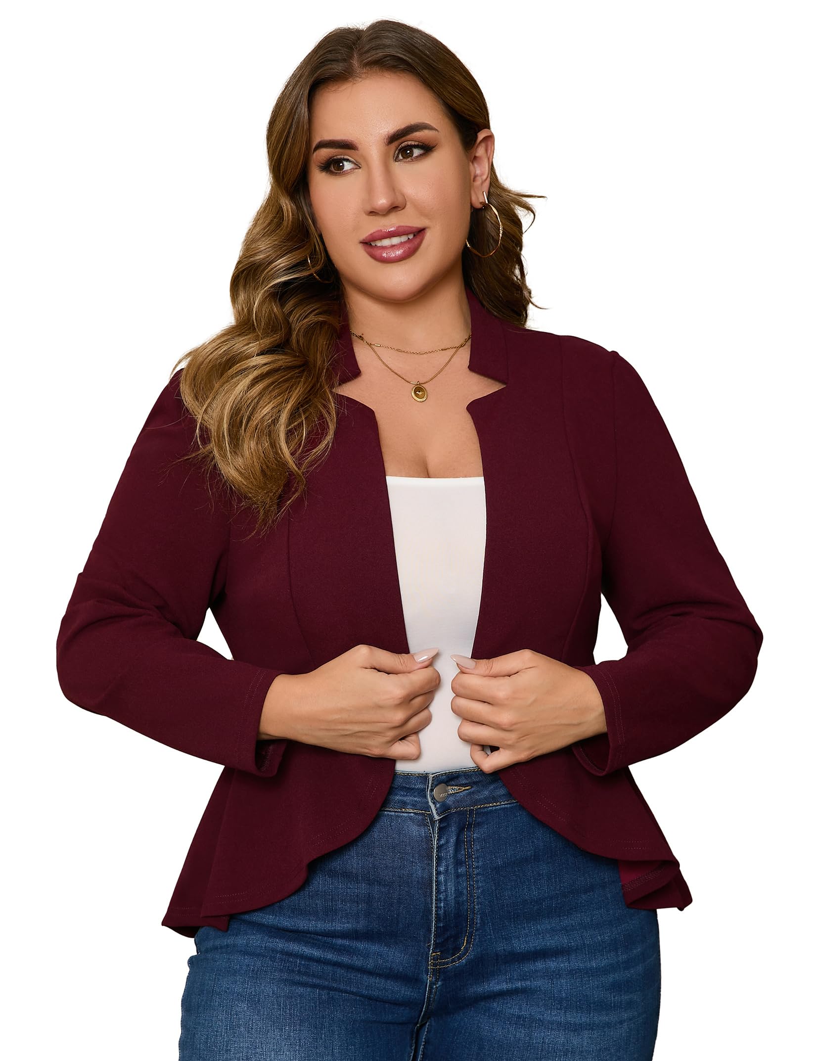 KOJOOIN Womens Plus Size Blazer Open Front Long Sleeve Ruffle Hem Oversized Coat Business Casual Suit Jacket