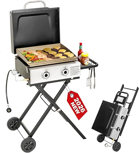 Miniatura 10 de GREEN PARTY Plancha de mesa de 22 pulgadas con placa de hierro fundido recubierta de cerámica, plancha plana de 3 quemadores, parrilla BBQ portátil