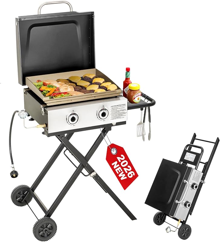 2 Burner BBQ Propane Gas Griddle with Collapsible Stand for Outdoor Cooking | 18 Inch Portable Griddle, 253 Sq In Cooking Area, Flat Top Gas Grill