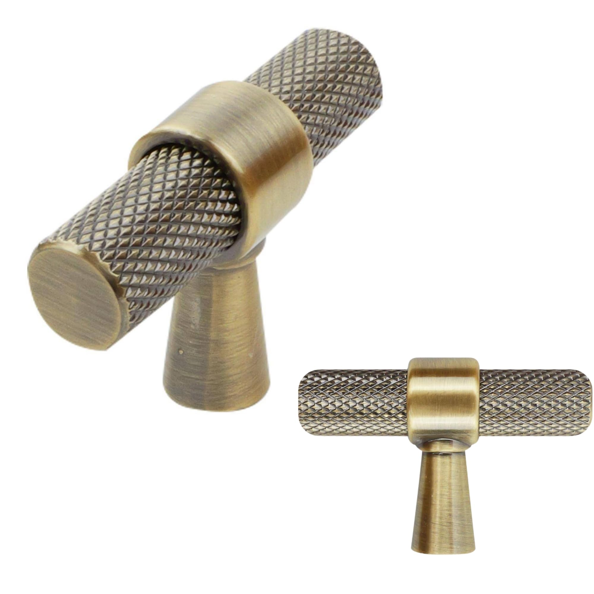 Keypak Antique Brass 10 Pack Knurled Kitchen Cupboard Handles, Knobs, Aluminium T-Bar Pulls For Cabinet, Wardrobe Doors, Chest Of Drawers