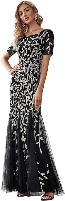 Ever-Pretty Women's Elegant Illusion Short Sleeve Crew Neck Sequin Embroidery Mermaid Evening Dresses 07707