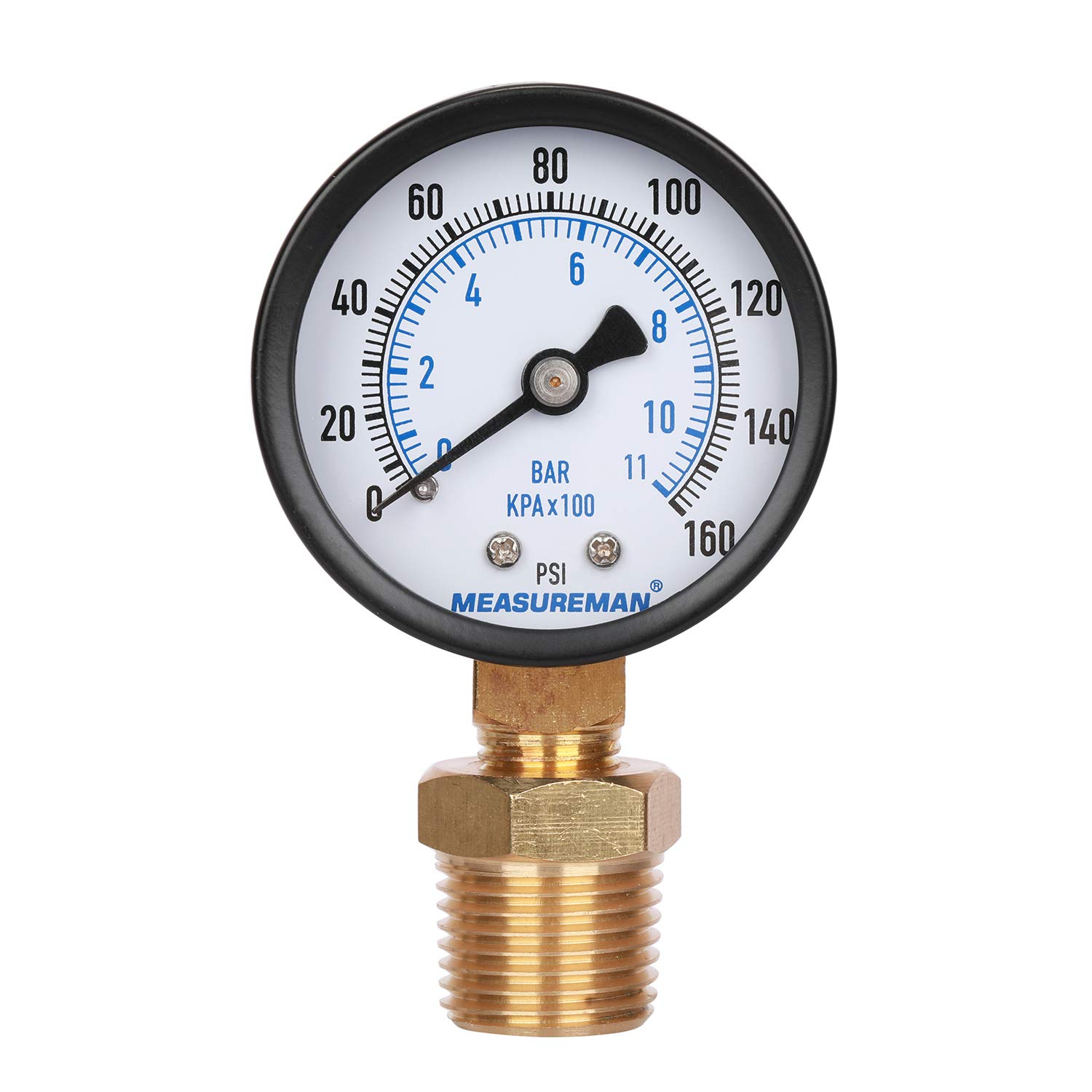 MEASUREMAN 2" Well Pump Pressure Gauge, 0-160psi/bar, 1/4" NPT Male with 1/2" NPT Adaptor, +/-3-2-3% Accuracy