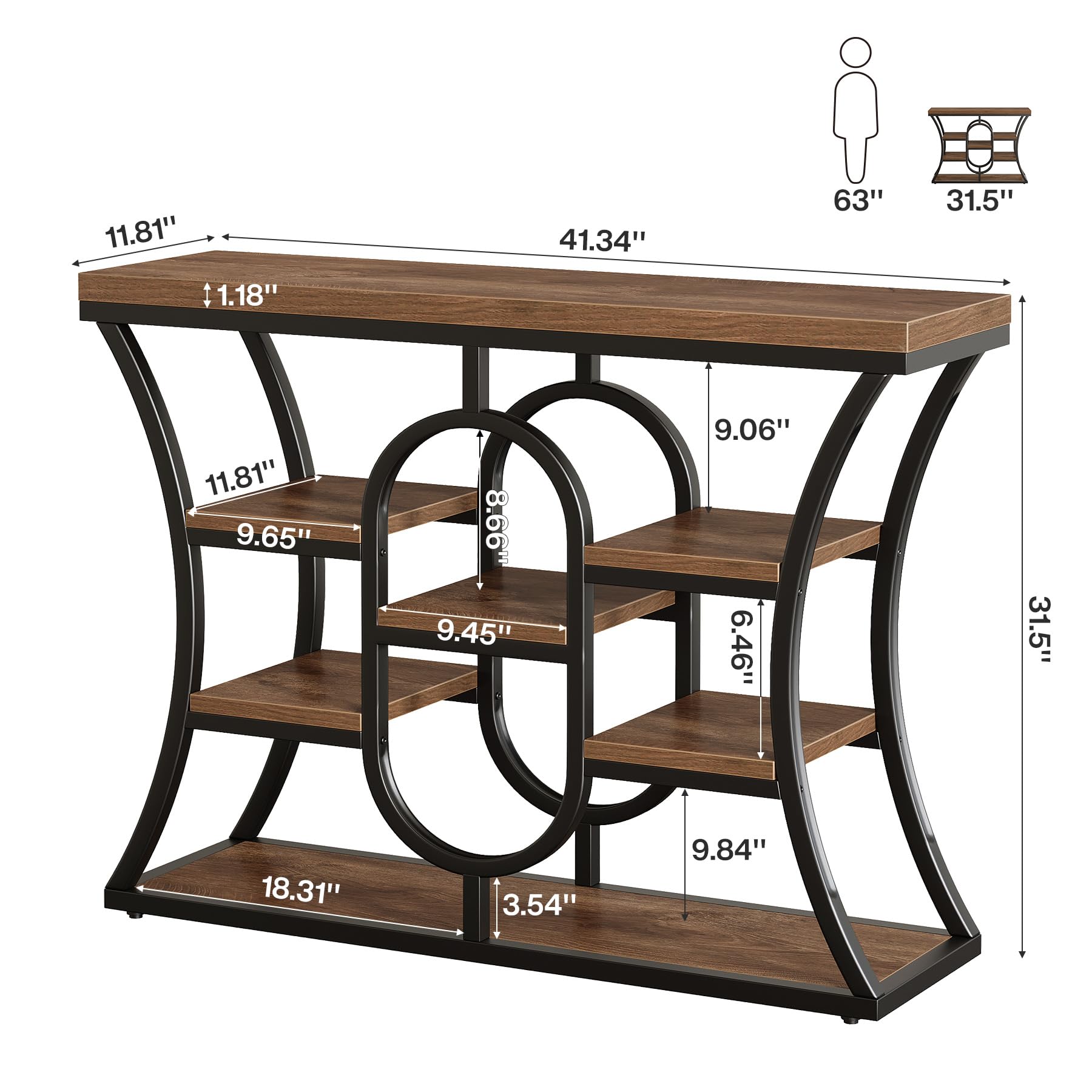 Tribesigns Tavolo Console Industriale 105 cm, 5 Ripiani Sfalsati, Tavolo da Divano con Struttura in Metallo e Scaffali Portaoggetti, Mobile Stretto per Ingresso, Corridoio, Soggiorno, Marrone Rustico