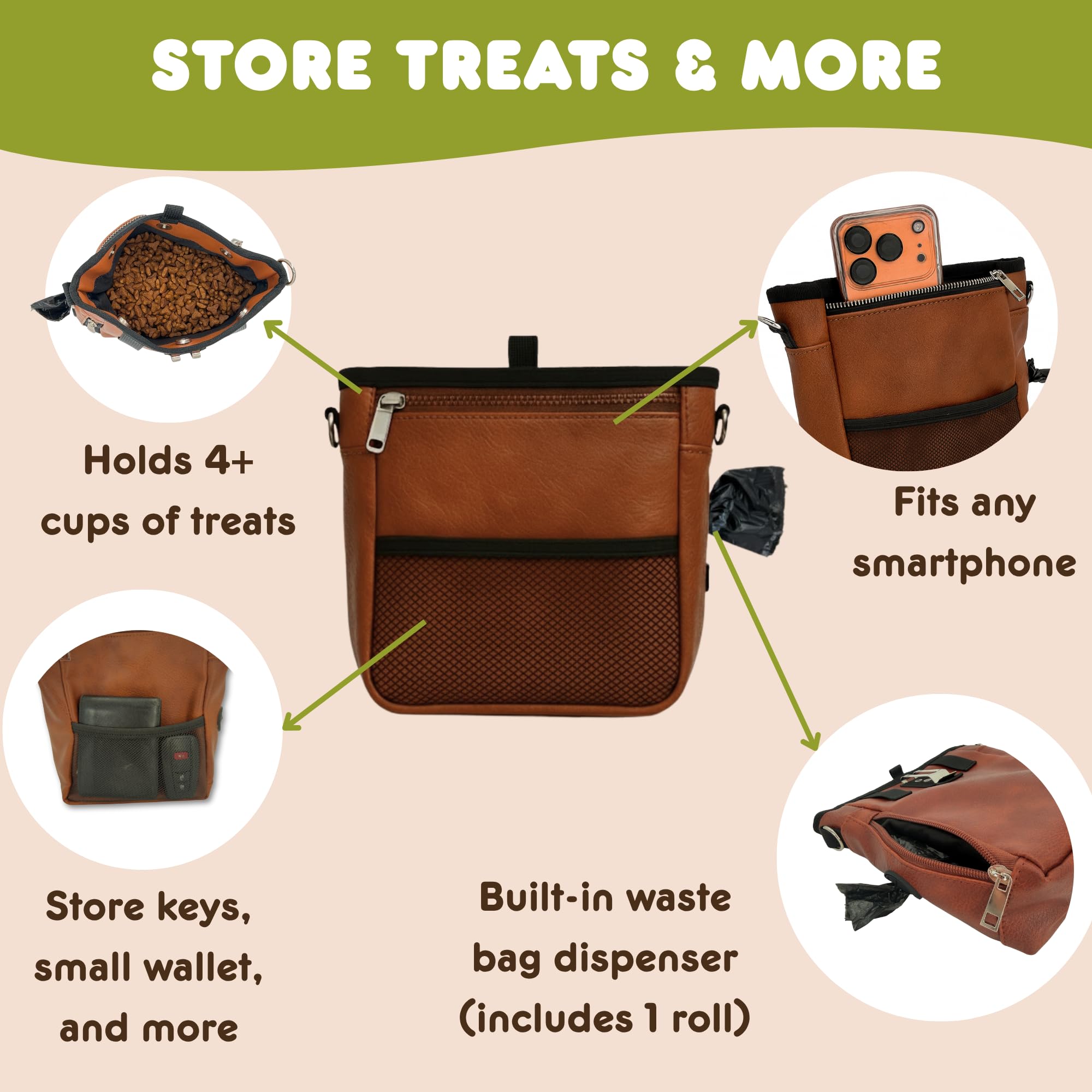 Large Dog Treat Pouch PU Leather with Clicker, Magnetic Clasp, Fits All Phones, 4 Cups, Hands-Free Pouches for Dog Training Treat Pouch, Built in Poop Bag Holder - image 3