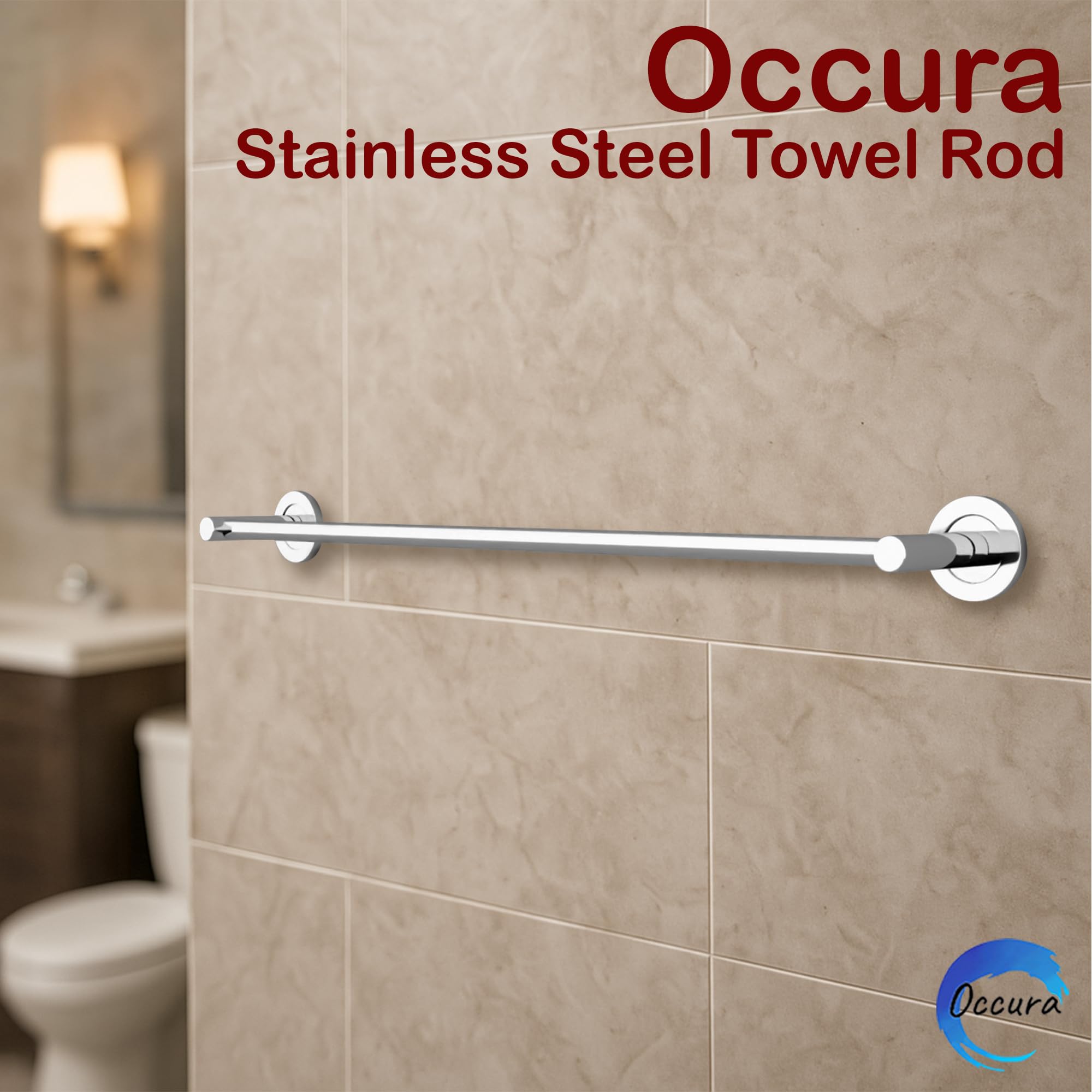 OCCURA 24-Inch Stainless Steel Towel Rod | Wall Mounted Corrosion-Resistant | Towel Rail with Glossy Finish for Bathroom, Kitchen, Shower, Toilet & Washroom Use