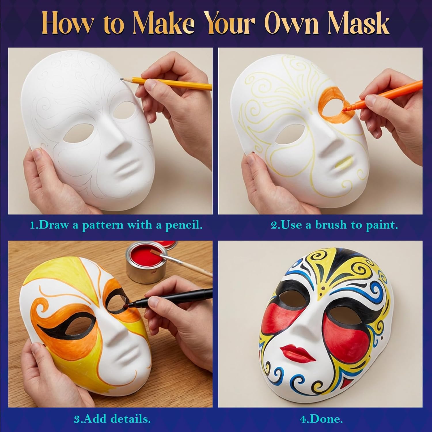 50 Pcs DIY Full Face Masks Bulk, Blank White Paintable Paper Mache Mask, 2 Sizes Paintable White Plain Mask, Craft Masks Bulk, for Mardi Gras Cosplay Dance Party Costume Craft