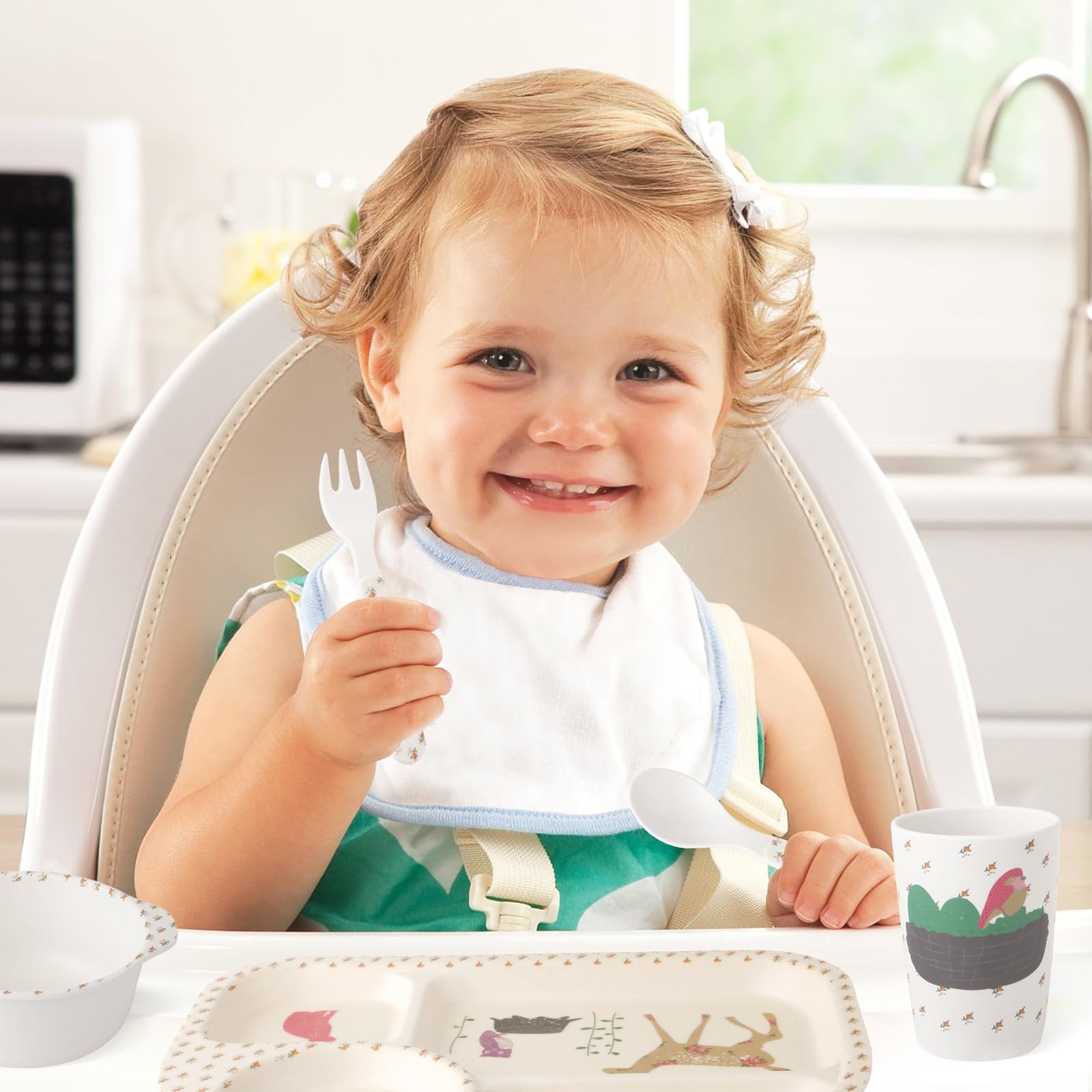 Bamboo Toddler Dinnerware Set,5Pcs Kids Dinnerware Set,Bamboo Kids Plates and Bowls Set,Kids Dishes Dinnerware Sets with Plate,Bowl,Cup,Fork and Spoon