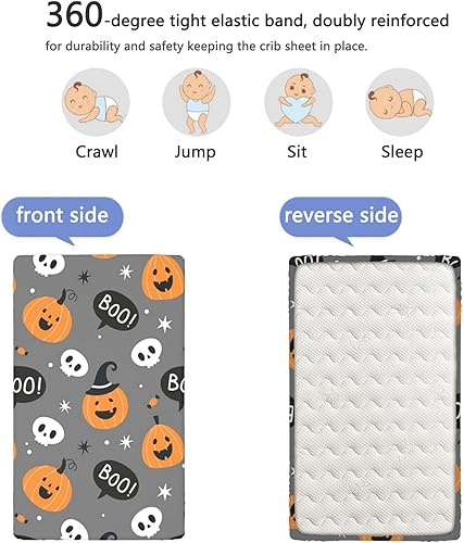 Miniatura 5 de Sábana bajera ajustable para cuna de Halloween, bonito patrón de estampado de calabaza, sábana bajera estándar para cuna, suave y elástica, sábana