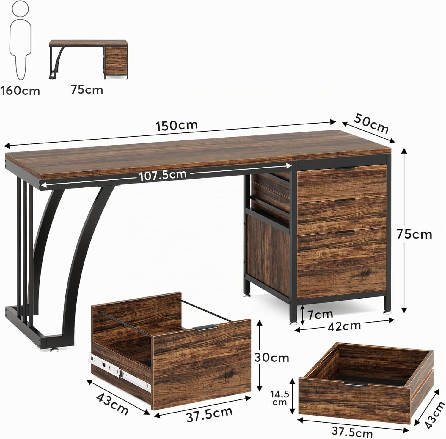 Lailang 150cm Escritorio, Mesa Escritorio Industrial, Mesa Ordenador E Impresora, Escritorio Madera, Bancada de Trabajo Oficina, Mesa Escritorio Grande, 150 x 50 x 76 cm, Rustic Brown