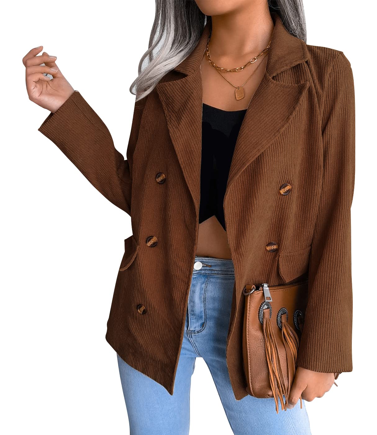 FANVOOK Women's Corduroy Casual Blazer Button Decor Lapel Down Jacket Open Front Jacket Coat