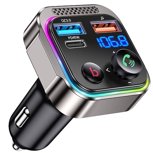 GizmoVine Bluetooth Car,Bluetooth 5.4 FM Transmitter for Car,63W(PD 45W & 18W) Dual USB Charger Adapter Wireless Radio Receiver,LED Display,Hands-free Calling Zinc Alloy