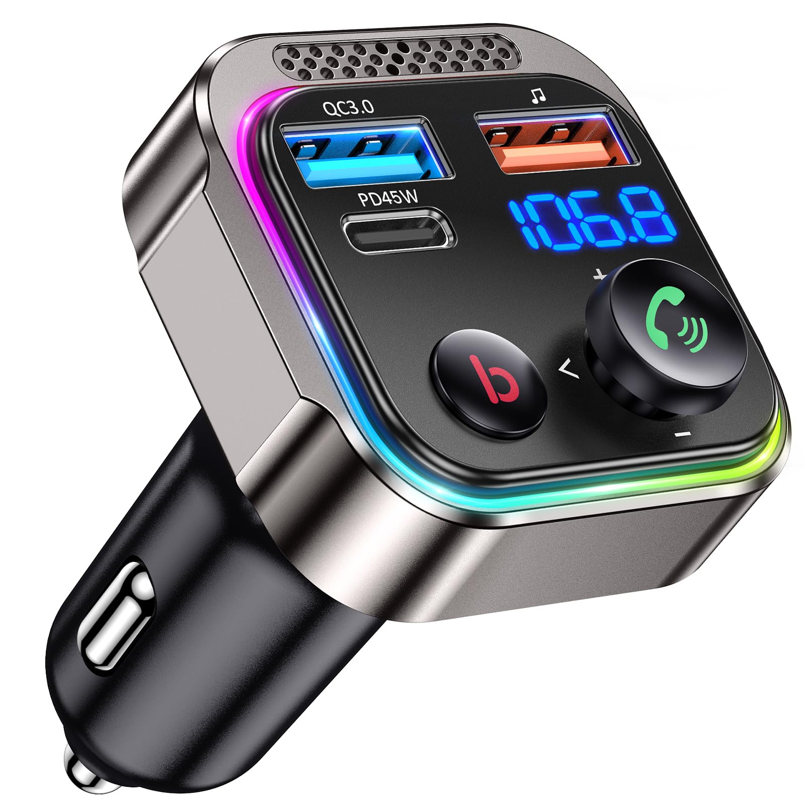 GizmoVine Bluetooth 5.4 FM Transmitter Car Adapter 63W (PD 45W & 18W) [Light Switch] [HiFi Bass Sound] [Fast Charging] Wireless Radio Music Adapter LED Display Zinc Alloy Hands-Free Calling Support
