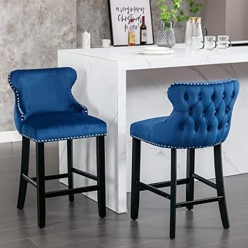 Counter Height Bar Stools Set of 2, 26.7" Seat Height, Blue Velvet