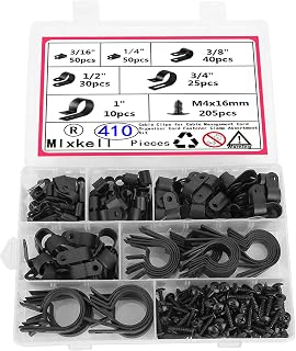 Black plastic screw installation cable, used for power cord fastener classification, 6 sizes 410 PCS of nylon R type, 3/16'' 1/4'' 3/8'' 1/2'' 3/4'' 1 '' Fastener clip combination kit with M4 screws