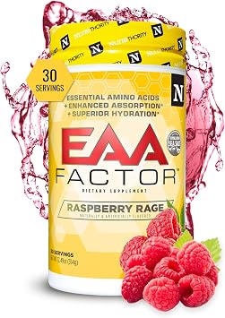 Nutrithority EAA Factor, BCAA Essential Amino Acids Powder, Raspberry Rage 30 Servings - Sugar & Caffeine Free Intra & Post Workout Drink with Electrolytes - Improve Muscle Recovery & Hydration