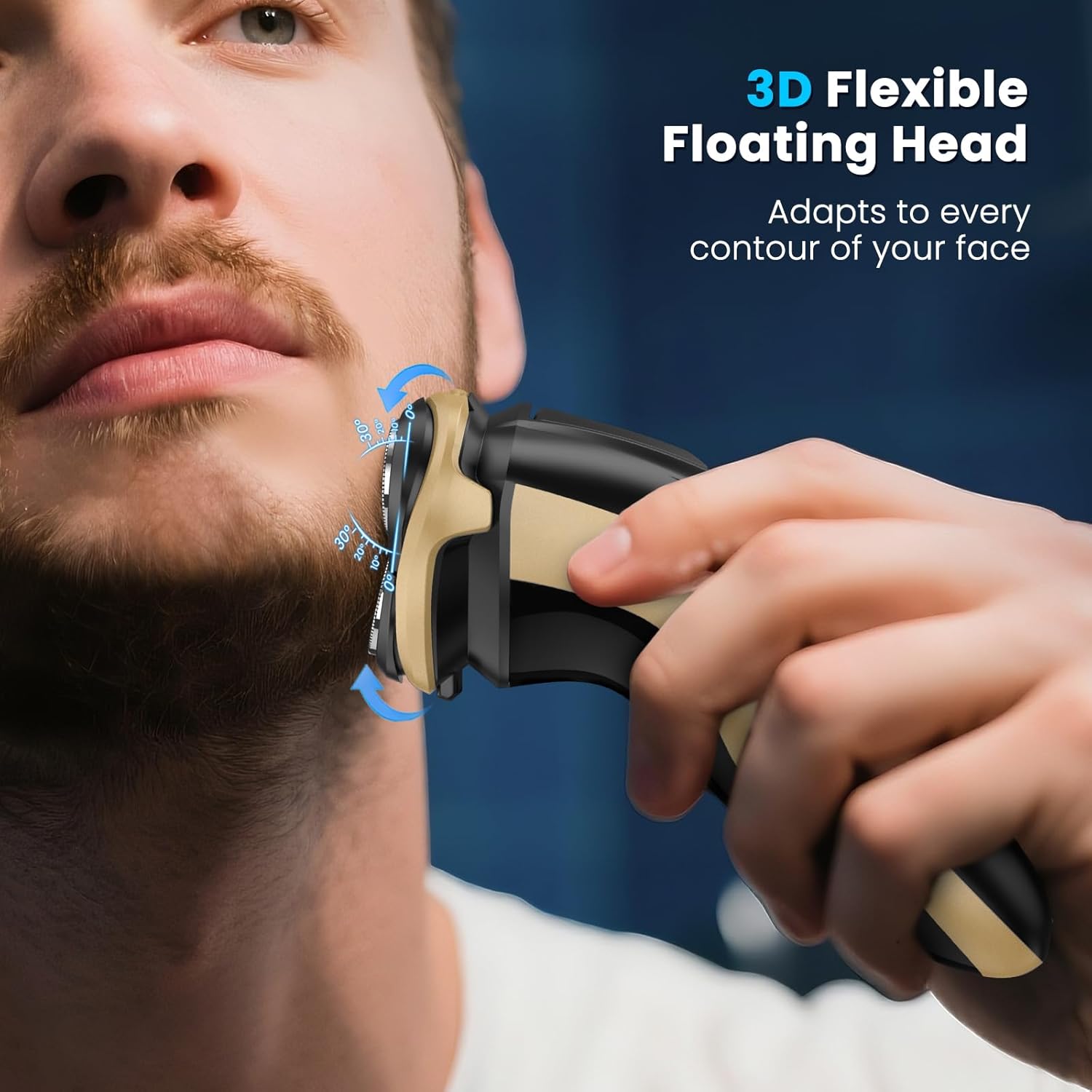 Man shaving with SweetLF Electric Razor SWS7105, demonstrating the 3D flexible floating head adapting to his face.