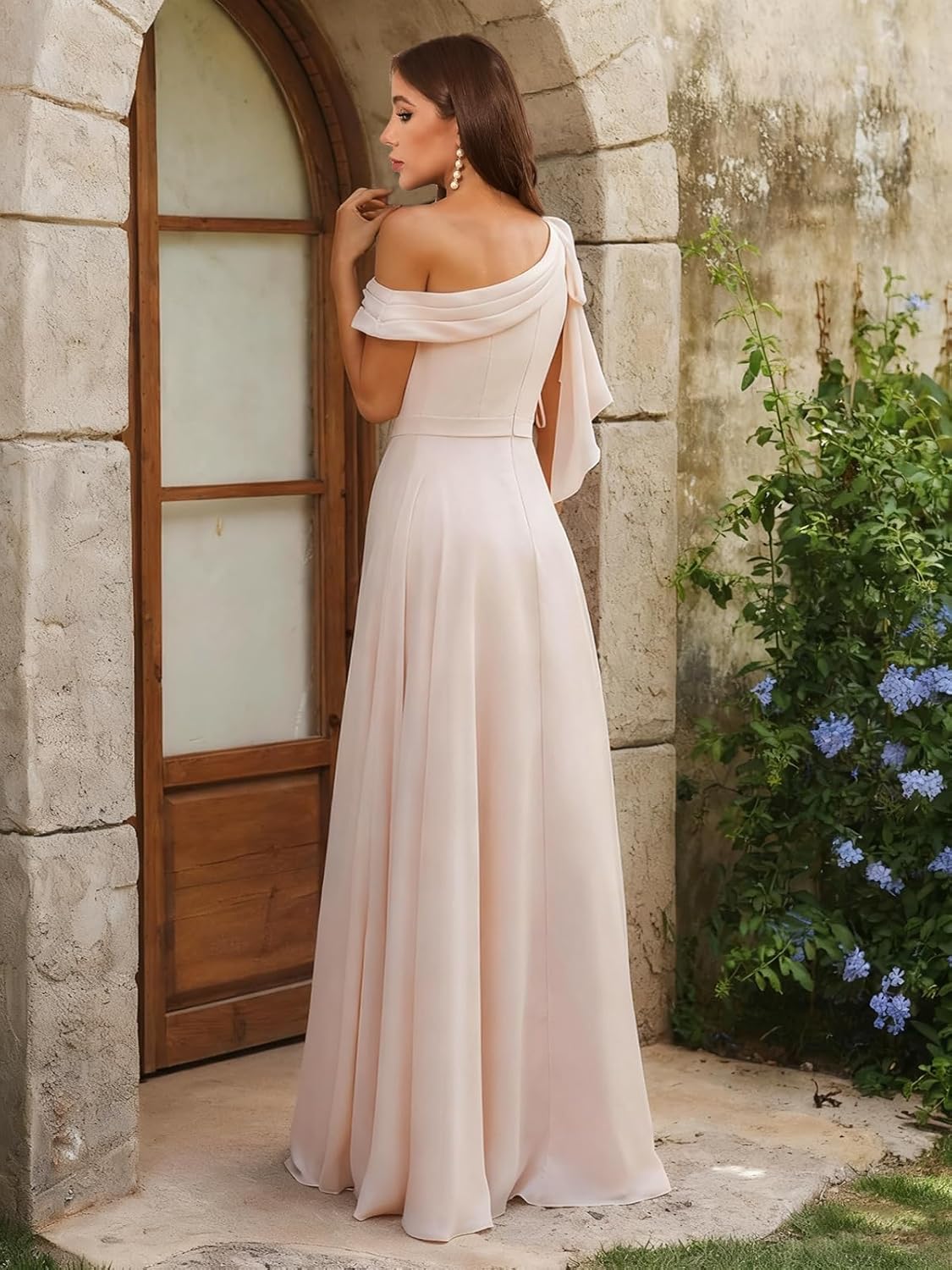 One Shoulder Chiffon Bridesmaid Dresses for Women A Line Pleated Formal Evening Gown with Slit - Image 4