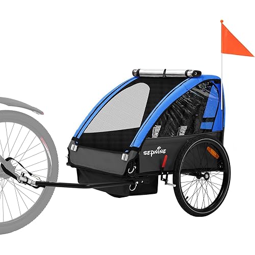 Sepnine Kids Bike Trailer, Suitable for 1 to 2 Kids, 12 Months, Quick Attach to Bike, Foldable, with 5-Point Harness and Storage Bags