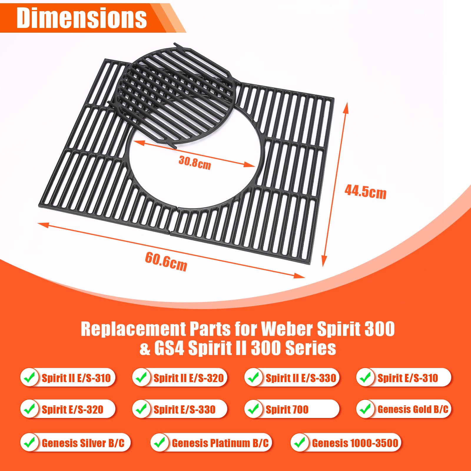 GFTIME 44,5 x 30,2 cm 7638 Griglie in ghisa per barbecue Weber Spirit I & II E/S-310 320 330 (con pulsanti di comando anteriori), Genesis 1000-5000, Genesis Gold/Silver/Platinum B/C, 7527 7639 Griglia