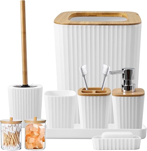 Juego de accesorios de baño blanco de 9 piezas con basurero, bandeja, dispensador de jabón, portacepillos de dientes, vaso, jabonera, cepillo para