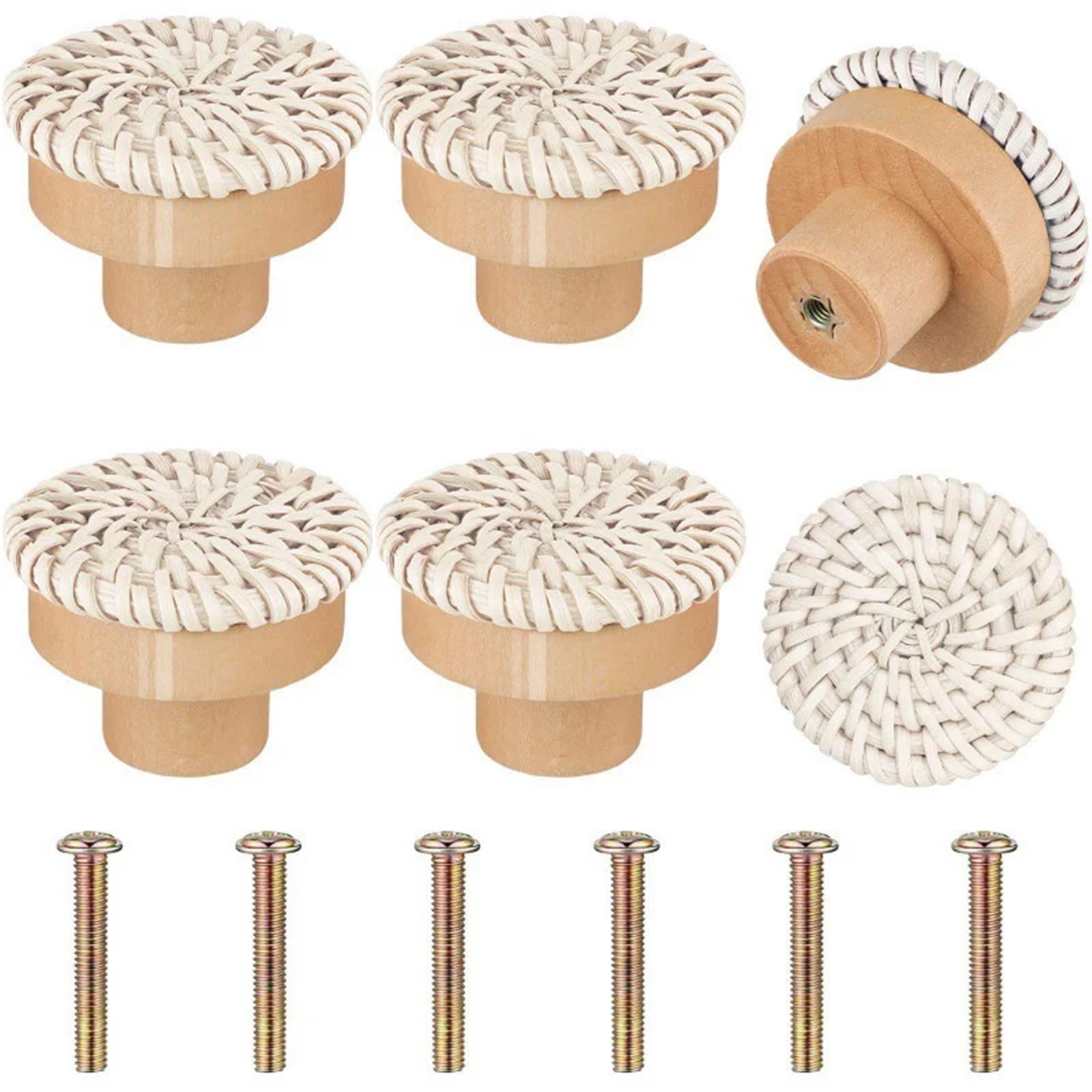 UBOHUZ 1/2/4/6/8PCS Wooden Rattan Dresser Knobs Kit Round Decorative Furniture Pull Handles Multipurpose Woven Drawer Pulls for Bedside Tables for Cupboard, Wardrobe(White 6Pieces)