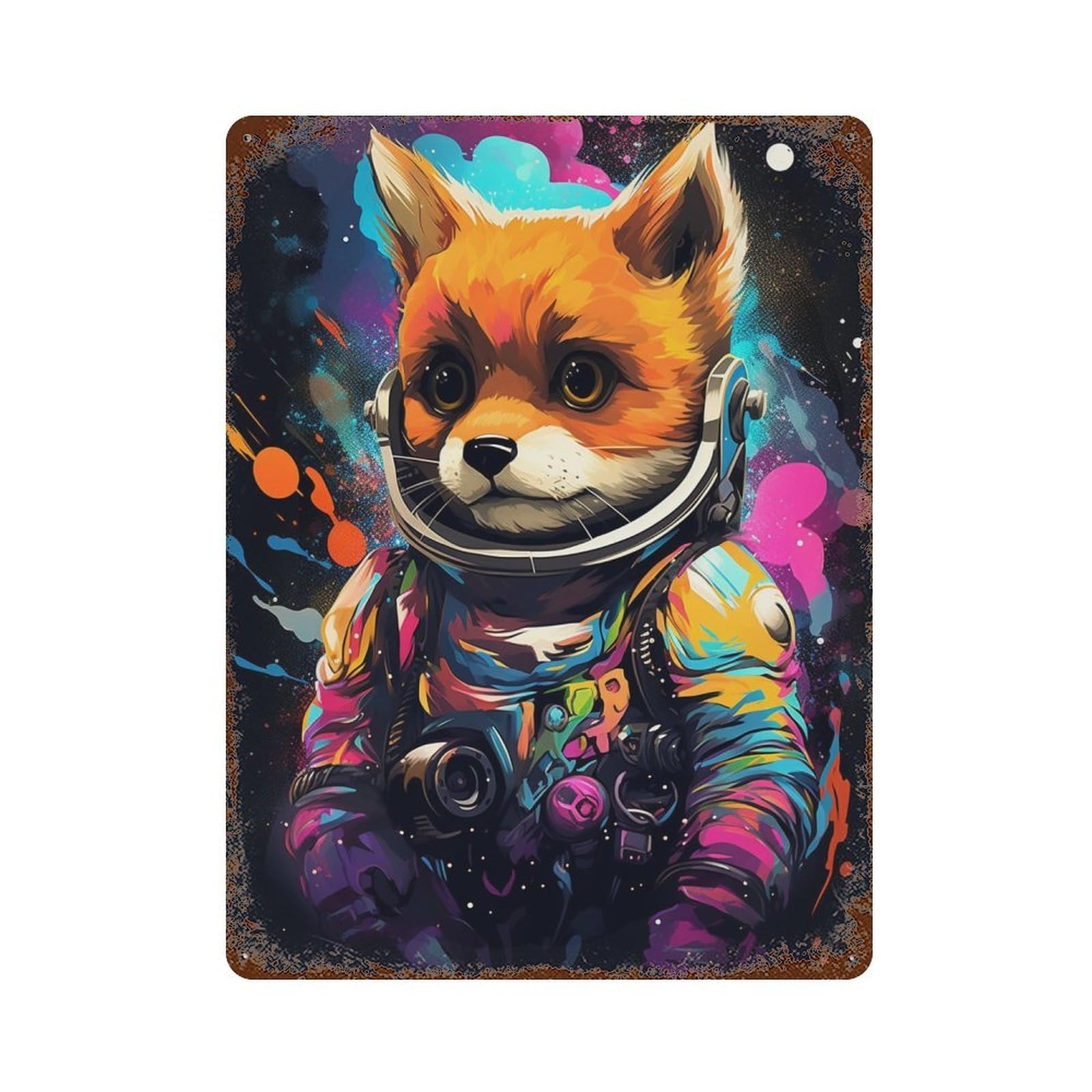Rust Effect Cosmic Fox Explorer-1 Distressed Metal Wall Sign 15.7"x11.8", Shabby Chic Decor for Pub, Kitchen And Man Cave Decor