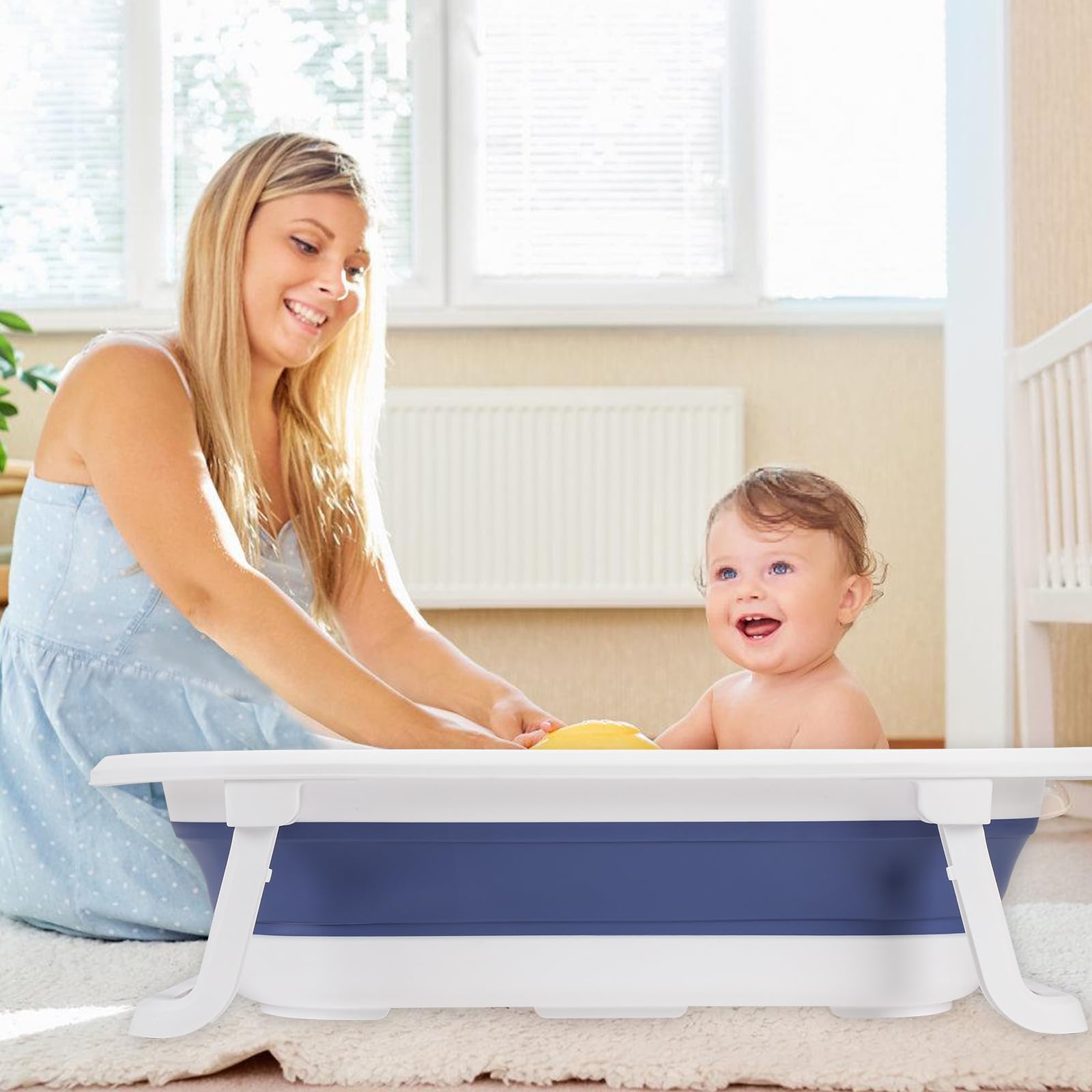 Navicella pieghevole blu 50L con inserto da bagno, termometro per acqua, tappo che cambia colore, fondo antiscivolo, vasca da bagno pieghevole per neonati da 0 a 6 anni