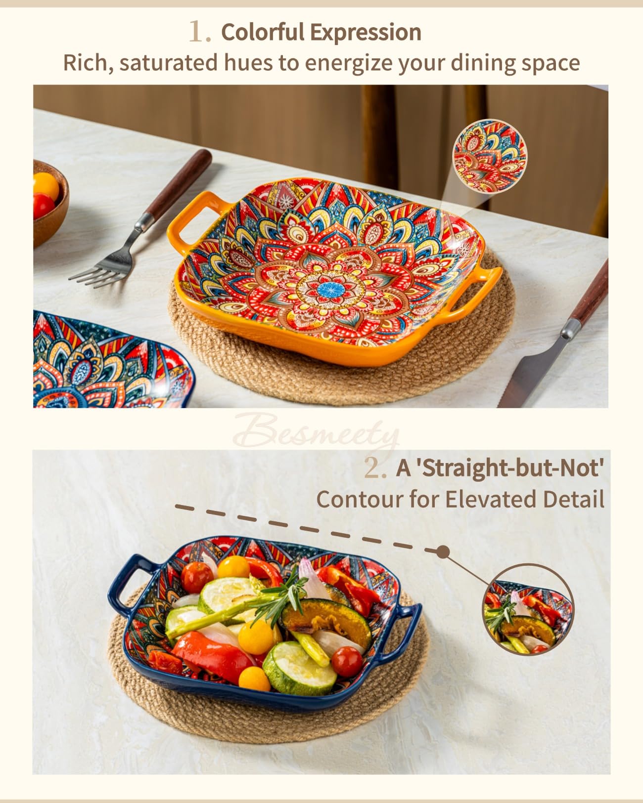 Besmeety Pastateller mit Griff 2 er Set, 18cm Porzellan Suppenteller, Servierschale, Servierschüssel Tiefe Teller Set (Orange+Blau)