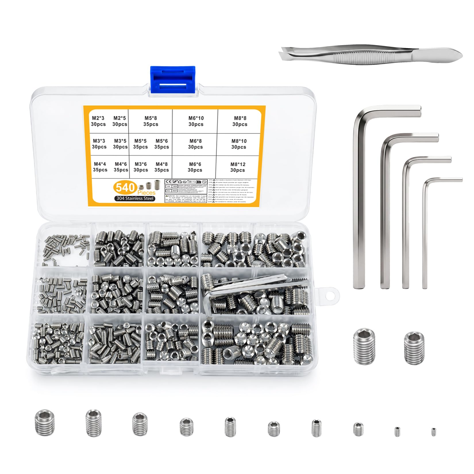 540 Pcs Grub Screws Assorted, Hex Head Grub Screws for Door Handles, Stainless Steel Allen Key Screwss, Set Screw for Taps, Bathroom Fixtures, Home Repairs (M2 M3 M4 M5 M6 M8, Silver)